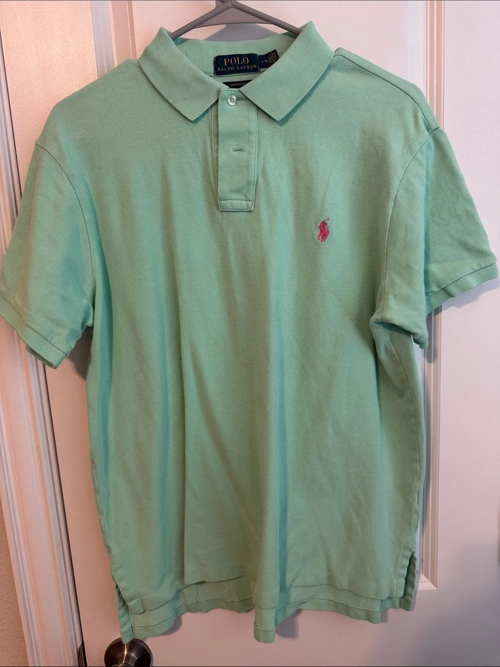 Polo by Ralph Lauren Men's Light Mint Green Pique Polo with Pink Pony